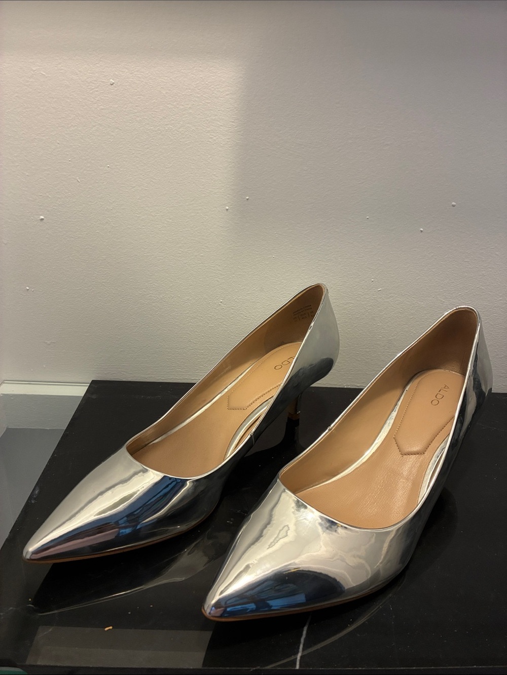 Aldo Silver Pointed-Toe Kitten Heel Pumps